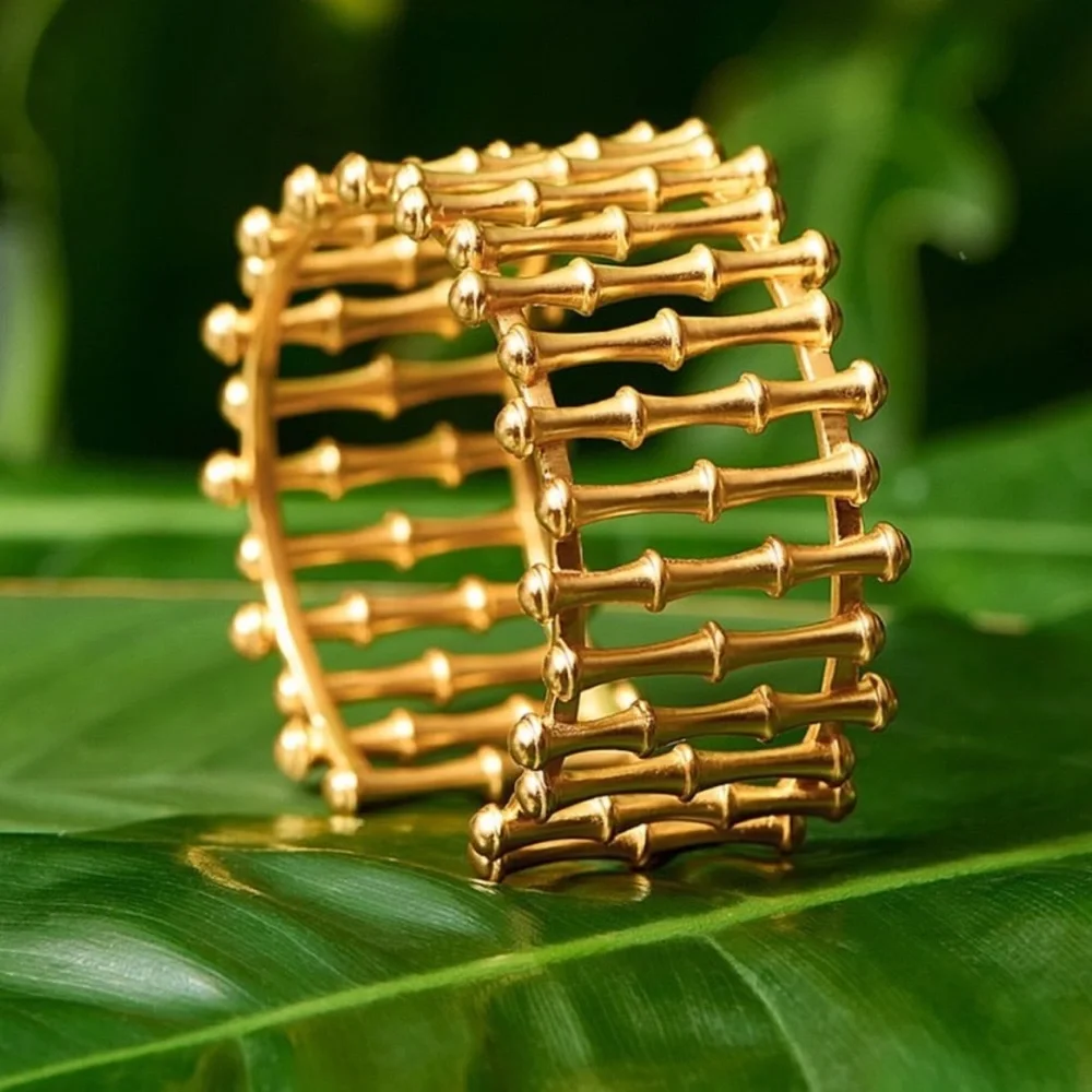 Gold Bamboo-Inspired Wide Cuff Bracelet - Women Jewelry - Picture 1 of 6